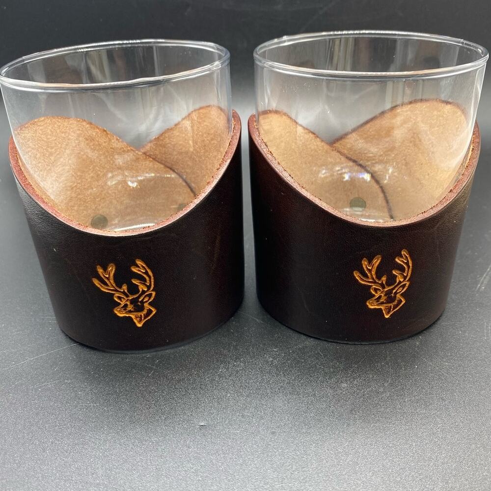 Pair of leather wrapped whiskey glasses Buck design whiskey lover